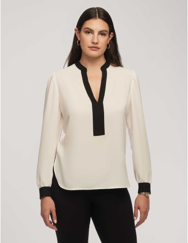 Solid Colorblock Split Neck Blouse- Sale Paris Déstockage Promo